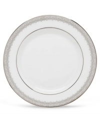 Inspired by the trim on an elegant couture gown, this graceful dinnerware and dishes collection from Lenox features an intricate platinum border that combines harmoniously with white bone china for unparalleled style.