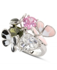 Grab some warm-weather fun with this darling ring by City by City. Crafted in silver tone mixed metal, ring features a flower and butterfly accented with clear, pink and peridot cubic zirconia (10-5/8 ct. t.w.). Nickel-free for sensitive skin. Size 7. Grab some warm-weather fun with this darling ring by City by City. Crafted in silver tone mixed metal, ring features a flower and butterfly accented with clear, pink and peridot cubic zirconia (10-5/8 ct. t.w.). Nickel-free for sensitive skin. Size 7.