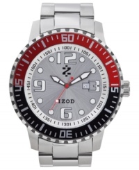 A bold color combo of red and black adds a modern touch to this classic steel watch from Izod. A bold color combo of red and black adds a modern touch to this classic steel watch from Izod.