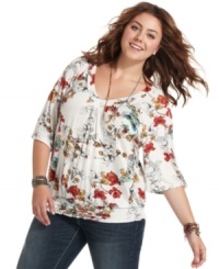 Land a sweet look with American Rag's three-quarter-sleeve plus size top, finished by a floral-print-- it's an Everyday Value! Land a sweet look with American Rag's three-quarter-sleeve plus size top, finished by a floral-print-- it's an Everyday Value!