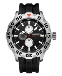 Simple design, powerful functionality. This Nautica watch features a logo-embossed black polyurethane strap and round stainless steel case. Black dial with white stick indices, logo and three subdials. Analog movement. Water resistant to 100 meters. Five-year limited warranty. Simple design, powerful functionality. This Nautica watch features a logo-embossed black polyurethane strap and round stainless steel case. Black dial with white stick indices, logo and three subdials. Analog movement. Water resistant to 100 meters. Five-year limited warranty.