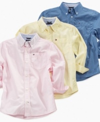Get cleaned up! This button-down shirt from Tommy Hilfiger will give him a crisp look while still keeping him comfortable. Get cleaned up! This button-down shirt from Tommy Hilfiger will give him a crisp look while still keeping him comfortable.