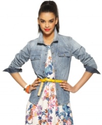 A hot summer layering piece, this Bar III chambray shirt is adds an on-trend element to any outfit! A hot summer layering piece, this Bar III chambray shirt is adds an on-trend element to any outfit!