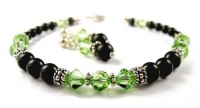 Damali Sterling Silver Swarovski Elements August Birthstone Peridot Color Crystal Beads and Faux Black Pearl Bracelet and Earring SET