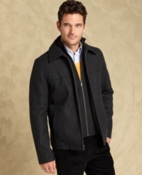Secure your style with this wool-blend Melton jacket from Tommy Hilfiger, a sleek open-bottom look with bib styling. Secure your style with this wool-blend Melton jacket from Tommy Hilfiger, a sleek open-bottom look with bib styling.