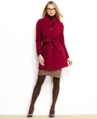 Polish your fall look with Anne Klein petite belted trench coat. Wool-blend fabric gives this timeless piece plenty of warmth. Polish your fall look with Anne Klein petite belted trench coat. Wool-blend fabric gives this timeless piece plenty of warmth.