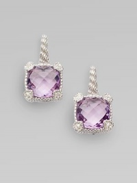 From the Linen Collection. A small cushion-cut amethyst shimmers in a sterling silver setting, accented by white sapphires.AmethystWhite sapphireSterling silverLength, about ¾Ear wireImported From the Linen Collection. A small cushion-cut amethyst shimmers in a sterling silver setting, accented by white sapphires.AmethystWhite sapphireSterling silverLength, about ¾Ear wireImported