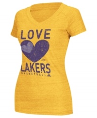Real LA Lakers fans wear their heart on this tee by adidas. Real LA Lakers fans wear their heart on this tee by adidas.