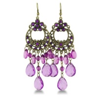 Shimmering Antique Gold Tone Floral Chandelier Earrings with Shimmering Purple Stones, 3 1/2 Inches Shimmering Antique Gold Tone Floral Chandelier Earrings with Shimmering Purple Stones, 3 1/2 Inches