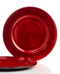 Create instant holiday atmosphere with metallic-red chargers, a perfect layer under whiteware or festively patterned dinnerware. From Charter Club. Create instant holiday atmosphere with metallic-red chargers, a perfect layer under whiteware or festively patterned dinnerware. From Charter Club.
