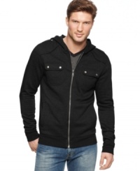 The modern style of this warm skydiver hoodie from Alfani RED makes it the perfect final piece to don when the temperature dips. The modern style of this warm skydiver hoodie from Alfani RED makes it the perfect final piece to don when the temperature dips.