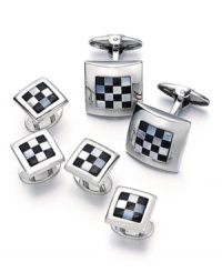 Speed and style combine on this trendy men's jewelry set. Includes two studs and matching cufflinks with an onyx (11-3/4 ct. t.w.) and Mother of Pearl checkerboard pattern. Set in sterling silver. Approximate diameter (cuff links): 5/8 inch. Approximate diameter (studs): 7/16 inch. Speed and style combine on this trendy men's jewelry set. Includes two studs and matching cufflinks with an onyx (11-3/4 ct. t.w.) and Mother of Pearl checkerboard pattern. Set in sterling silver. Approximate diameter (cuff links): 5/8 inch. Approximate diameter (studs): 7/16 inch.
