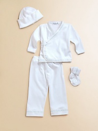 The perfect take-home set in ultra-soft cotton, adorned with darling blue dot trim.Hat with picot trimWrap-front long sleeved tee with scalloped trim and snap closuresElastic waist pantsCuffed socksMachine washCottonImported The perfect take-home set in ultra-soft cotton, adorned with darling blue dot trim.Hat with picot trimWrap-front long sleeved tee with scalloped trim and snap closuresElastic waist pantsCuffed socksMachine washCottonImported