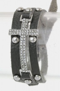 Trendy Fashion Jewelry - Real Leather Crystal Cross Wrapped Bracelet - By Fashion Destination (Grey) | Free Shipping