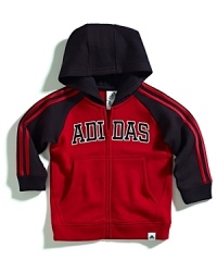 Bold, contrasting colors and Adidas' iconic stripes on this cozy hoodie create a fun look perfect for the playground. Bold, contrasting colors and Adidas' iconic stripes on this cozy hoodie create a fun look perfect for the playground.