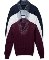 Add some polish to your layered look with this shawl-collar sweater from Sean John. Add some polish to your layered look with this shawl-collar sweater from Sean John.