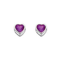 .925 Sterling Silver Rhodium Plated 5mm February Birthstone Heart Bezel CZ Solitaire Basket Stud Earrings for Baby and Children & Women with Screw-back (Amethyst, Purple)
