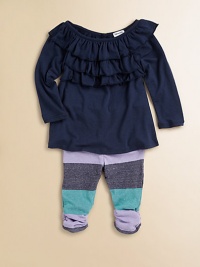 Your little princess will be comfy in this two-piece set with a ruffled neckline and glittery striped pants. BoatneckThree-tiered ruffle hem at necklineLong sleevesPullover styleElastic waistbandRuching at leg openingsAdditional InformationKid's Apparel Size Guide 