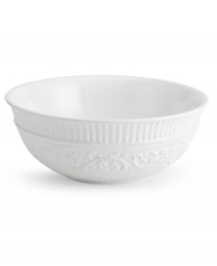 A little bit country. Made for the rigors of daily use but with an embossed design that's entirely graceful, the American Countryside vegetable bowl from Mikasa promises well-balanced dining in classic white stoneware. A little bit country. Made for the rigors of daily use but with an embossed design that's entirely graceful, the American Countryside vegetable bowl from Mikasa promises well-balanced dining in classic white stoneware.