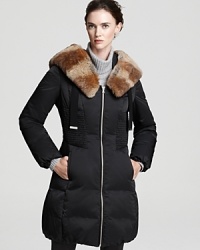 Flattering ruching at the waistline and plush fur lends femininity to this Elie Tahari down coat, a flawless choice for the new season. Flaunt your silhouette in this cinched style and stay cozy and chic all season long. Flattering ruching at the waistline and plush fur lends femininity to this Elie Tahari down coat, a flawless choice for the new season. Flaunt your silhouette in this cinched style and stay cozy and chic all season long.