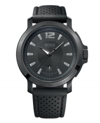 For a man of mystery. Or simply a man of impeccable taste. Watch by Hugo Boss crafted of black perforated silicone strap and round black ion-plated stainless steel case. Black dial features applied gunmetal numeral at twelve o'clock, stick indices, date window at six o'clock, luminous hands and logo. Quartz movement. Water resistant to 50 meters. Two-year limited warranty.