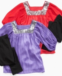 Accentuate the sparkle in her eye with this fabulous sequin-accented tunic and legging set from Energie. Accentuate the sparkle in her eye with this fabulous sequin-accented tunic and legging set from Energie.