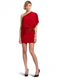 Wrapper One-Shoulder Dress with Gold Metal Rings Belt Wrapper One-Shoulder Dress with Gold Metal Rings Belt