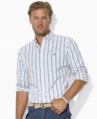 A handsome sport shirt is accented with Ralph Lauren's embroidered pony and cut for a relaxed, comfortable fit in striped cotton. A handsome sport shirt is accented with Ralph Lauren's embroidered pony and cut for a relaxed, comfortable fit in striped cotton.