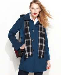 Be ready (and stylish) whatever the weather with London Fog's raincoat. The streamlined silhouette and a coordinating plaid scarf give this topper plenty of flair. Be ready (and stylish) whatever the weather with London Fog's raincoat. The streamlined silhouette and a coordinating plaid scarf give this topper plenty of flair.