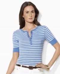 Lightweight slub cotton jersey lends a breezy quality and subtle texture to Lauren Jeans Co.'s striped short-sleeved henley, finished with sleek metal snaps for a modern touch. Lightweight slub cotton jersey lends a breezy quality and subtle texture to Lauren Jeans Co.'s striped short-sleeved henley, finished with sleek metal snaps for a modern touch.