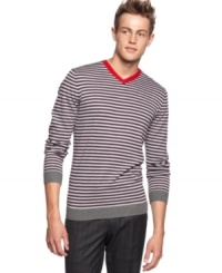 Go from dud to stylish stud in the Sons of Intrigue stripe v-neck long sleeve fitted sweater. Go from dud to stylish stud in the Sons of Intrigue stripe v-neck long sleeve fitted sweater.