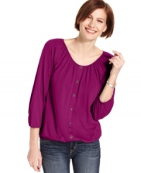 Style&co. gives a petite peasant silhouette a sleek makeover with streamlined details and a buttoned front placket. A versatile and comfy addition to your closet! Style&co. gives a petite peasant silhouette a sleek makeover with streamlined details and a buttoned front placket. A versatile and comfy addition to your closet!