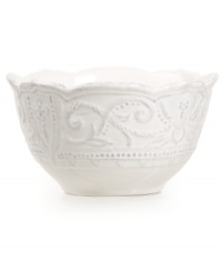 Revive the grace and charm of another era with Versailles Maison's Blanc Amelie cereal bowl. A rich pattern is entirely embossed on classic dinnerware finished with a soft white glaze and distressed detail. Revive the grace and charm of another era with Versailles Maison's Blanc Amelie cereal bowl. A rich pattern is entirely embossed on classic dinnerware finished with a soft white glaze and distressed detail.