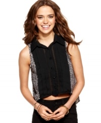 A sheer, pleated bodice is offset by colorful animal-print on a top from Pretty Rebellious that pumps wild style into your day look! A sheer, pleated bodice is offset by colorful animal-print on a top from Pretty Rebellious that pumps wild style into your day look!