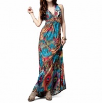 Flaming Peacock Feather Print Empire Waist Maxi Dress Flaming Peacock Feather Print Empire Waist Maxi Dress