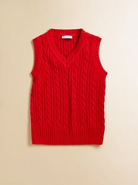 A colorful cable-knit vest is crafted in plush cotton for a cozy, festive layer.V-neckSleevelessPullover styleCottonMachine washImported A colorful cable-knit vest is crafted in plush cotton for a cozy, festive layer.V-neckSleevelessPullover styleCottonMachine washImported