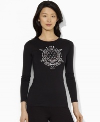 Ushering in the wintry weather, Lauren Ralph Lauren's beaded snowflake and Lauren Ralph Lauren crest with skis glamorously embellish a long-sleeved shirt crafted from cozy cotton jersey. Ushering in the wintry weather, Lauren Ralph Lauren's beaded snowflake and Lauren Ralph Lauren crest with skis glamorously embellish a long-sleeved shirt crafted from cozy cotton jersey.