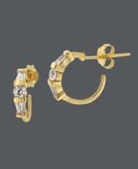There's never a dull moment when you add shine by B. Brilliant. A small accessory that packs a lot of sparkle, these mini hoop earrings feature three stations of cubic zirconias (3/8 ct. t.w.) set in 18k gold over sterling silver. Approximate drop: 1/2 inch. There's never a dull moment when you add shine by B. Brilliant. A small accessory that packs a lot of sparkle, these mini hoop earrings feature three stations of cubic zirconias (3/8 ct. t.w.) set in 18k gold over sterling silver. Approximate drop: 1/2 inch.