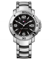 Get in the game with the sleek design of this watch by Tommy Hilfiger. Stainless steel bracelet and round case with black numerals at bezel. Black dial features applied silver tone numerals at twelve, three, six and nine o'clock, stick indices, date window, three hands and iconic flag logo. Quartz movement. Water resistant to 30 meters. Ten-year limited warranty. Get in the game with the sleek design of this watch by Tommy Hilfiger. Stainless steel bracelet and round case with black numerals at bezel. Black dial features applied silver tone numerals at twelve, three, six and nine o'clock, stick indices, date window, three hands and iconic flag logo. Quartz movement. Water resistant to 30 meters. Ten-year limited warranty.