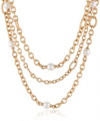 Majorica 10 mm White Round Pearls Gold Toned 3 Row Chain Necklace, 19