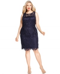 Adrianna Papell's plus size dress captures an elegant aesthetic with its textural lace overlay, left sheer at the chest and for just a couple of inches at the hem. Adrianna Papell's plus size dress captures an elegant aesthetic with its textural lace overlay, left sheer at the chest and for just a couple of inches at the hem.