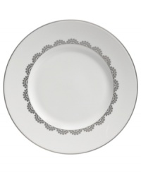 Vera Wang marries modern shapes with traditional lace in this set of dinnerware. The dishes are decidedly timeless. Platinum trim and banding add delicate feminine touches to this white accent salad plate. Vera Wang marries modern shapes with traditional lace in this set of dinnerware. The dishes are decidedly timeless. Platinum trim and banding add delicate feminine touches to this white accent salad plate.