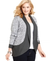 Layer your fave looks with Extra Touch's marled knit plus size cardigan, featuring an open front. Layer your fave looks with Extra Touch's marled knit plus size cardigan, featuring an open front.