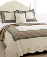 Prints charming. Featuring a melody of floral patterns embellished with intricate quilting and delicate embroidery, the Bryn bedspread makes over your bed with a hand-crafted look and artisan details. Printed floral reverse; scalloped edges. Prints charming. Featuring a melody of floral patterns embellished with intricate quilting and delicate embroidery, the Bryn bedspread makes over your bed with a hand-crafted look and artisan details. Printed floral reverse; scalloped edges.