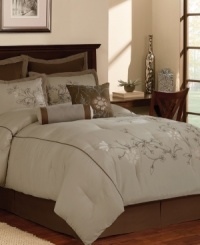 Floral simplicity. Delicate flower embroidery and cord details embellish enticing tan and brown hues in the Rosewater comforter set. Coordinating shams, bedskirt and decorative pillows tie together this classic look inspired by nature. Floral simplicity. Delicate flower embroidery and cord details embellish enticing tan and brown hues in the Rosewater comforter set. Coordinating shams, bedskirt and decorative pillows tie together this classic look inspired by nature.