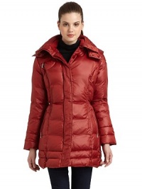 THE LOOKShiny quilted designCollar with removable hood Interior knit neckline Front zip and button closure Long sleeves Elastic waistTailored seamsFront zip pocketsTHE FITAbout 30 from shoulder to hemTHE MATERIALNylonKnit cuffs: polyester/cottonFill: down Fully linedCARE & ORIGINDry cleanImportedModel shown is 5'10 (177cm) wearing US size Small. THE LOOKShiny quilted designCollar with removable hood Interior knit neckline Front zip and button closure Long sleeves Elastic waistTailored seamsFront zip pocketsTHE FITAbout 30 from shoulder to hemTHE MATERIALNylonKnit cuffs: polyester/cottonFill: down Fully linedCARE & ORIGINDry cleanImportedModel shown is 5'10 (177cm) wearing US size Small.