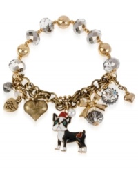 Puppy love. This multi-charm half stretch bracelet from Betsey Johnson is sure to evoke some strong feelings. Crafted from antique gold-tone mixed metal and glass accents, the bracelet's charms tell a whimsical story. Item comes packaged in a signature Betsey Johnson Gift Box. Approximate length: 7-1/2 inches. Puppy love. This multi-charm half stretch bracelet from Betsey Johnson is sure to evoke some strong feelings. Crafted from antique gold-tone mixed metal and glass accents, the bracelet's charms tell a whimsical story. Item comes packaged in a signature Betsey Johnson Gift Box. Approximate length: 7-1/2 inches.