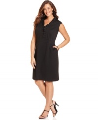Infuse feminine elegance to your day-to-dinner wardrobe with Charter Club's plus size sheath dress, finished by a ruffled front. Infuse feminine elegance to your day-to-dinner wardrobe with Charter Club's plus size sheath dress, finished by a ruffled front.