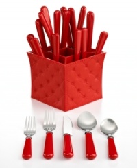 Grab and go. Great for outdoor dining and kids' tables everywhere, the Provence flatware set boasts fun cherry-red handles and a coordinating caddy. It also complements QSquared Montecito dinnerware. Grab and go. Great for outdoor dining and kids' tables everywhere, the Provence flatware set boasts fun cherry-red handles and a coordinating caddy. It also complements QSquared Montecito dinnerware.