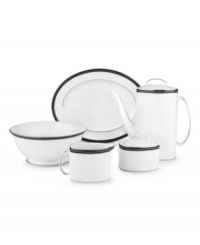 In the hands of kate spade, black and white is anything but basic. Dancing ebony stitched stripes provide a stunning contrast to the pristine china of the Union Street coffee pot (shown right). In the hands of kate spade, black and white is anything but basic. Dancing ebony stitched stripes provide a stunning contrast to the pristine china of the Union Street coffee pot (shown right).